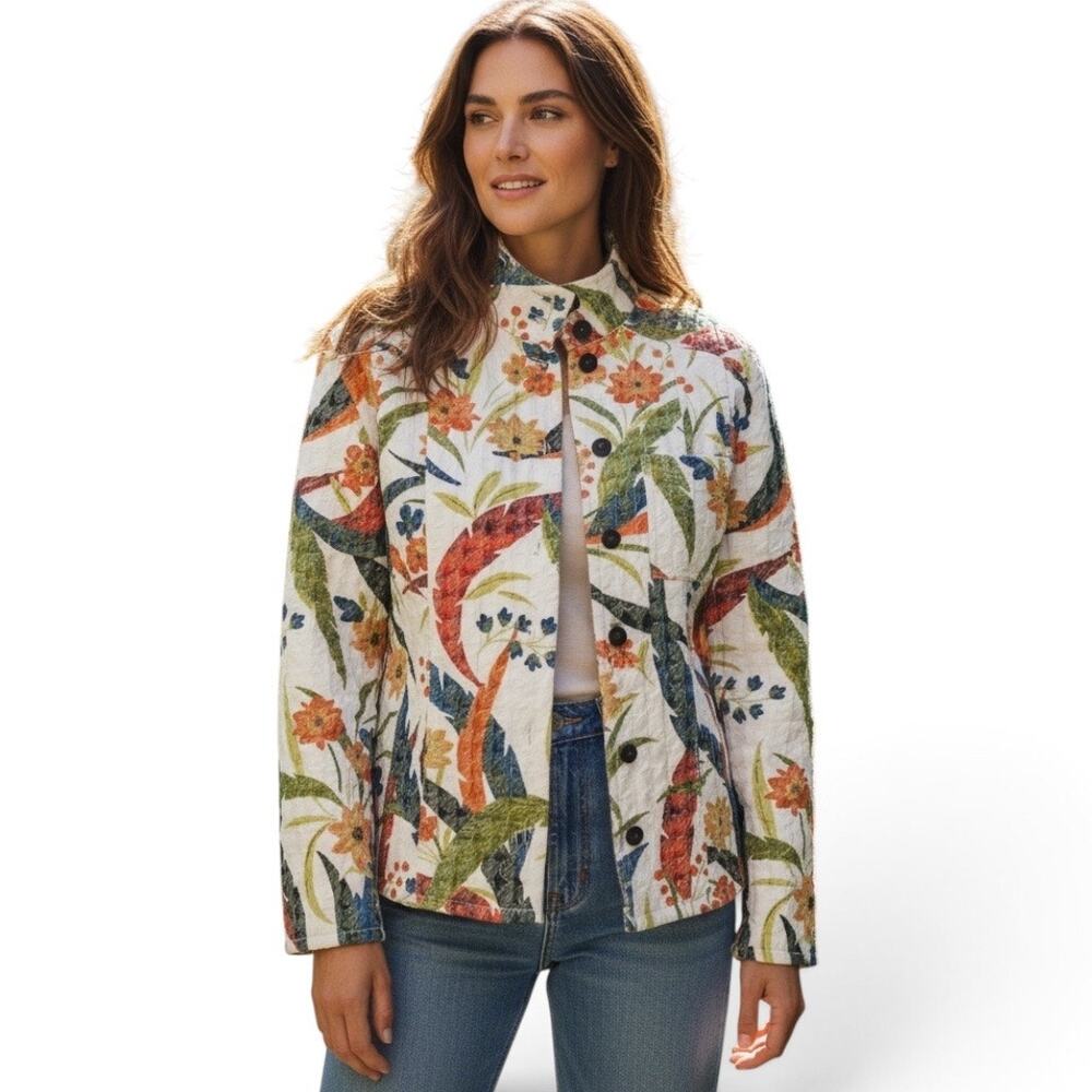 Chico’s Floral Waist Jacket Mandarin Collar Sz 1